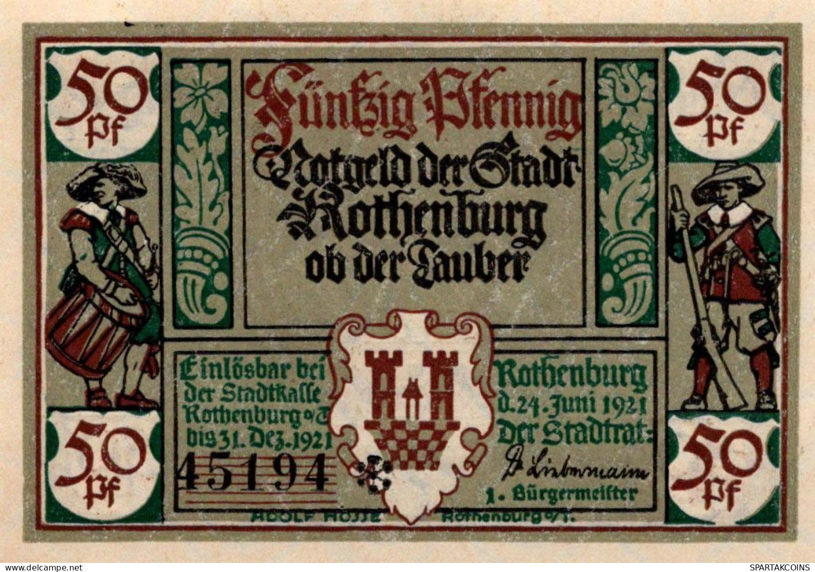 50 PFENNIG 1921 Stadt ROTHENBURG OB DER TAUBER Bavaria DEUTSCHLAND #PD553 - [11] Emissioni Locali