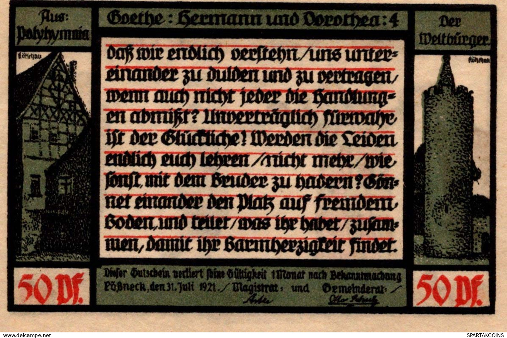 50 PFENNIG 1921 Stadt PÖSSNECK Thuringia UNC DEUTSCHLAND Notgeld Banknote #PB648 - [11] Lokale Uitgaven