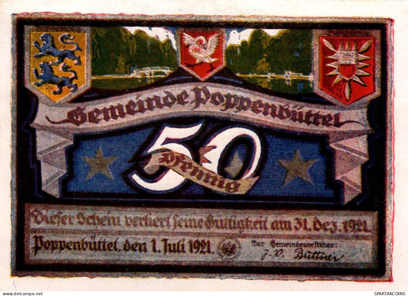 50 PFENNIG 1921 Stadt POPPENBÜTTEL Schleswig-Holstein UNC DEUTSCHLAND #PB690 - [11] Lokale Uitgaven