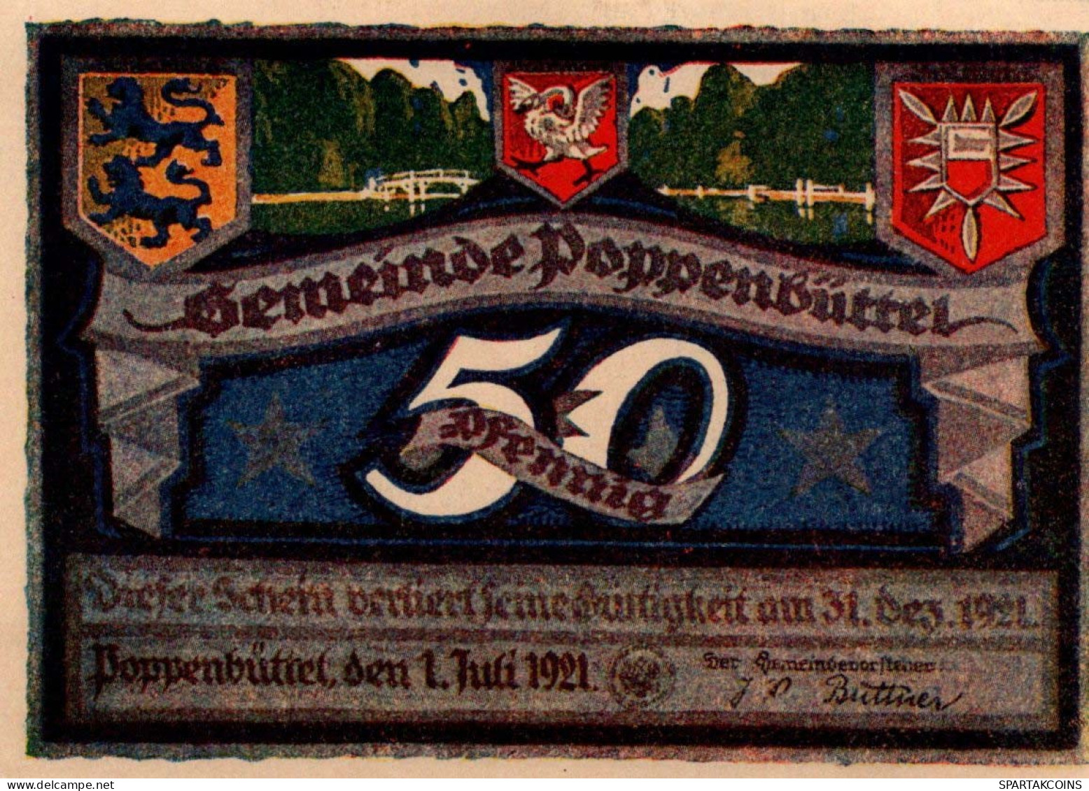 50 PFENNIG 1921 Stadt POPPENBÜTTEL Schleswig-Holstein DEUTSCHLAND Notgeld #PG185 - [11] Lokale Uitgaven