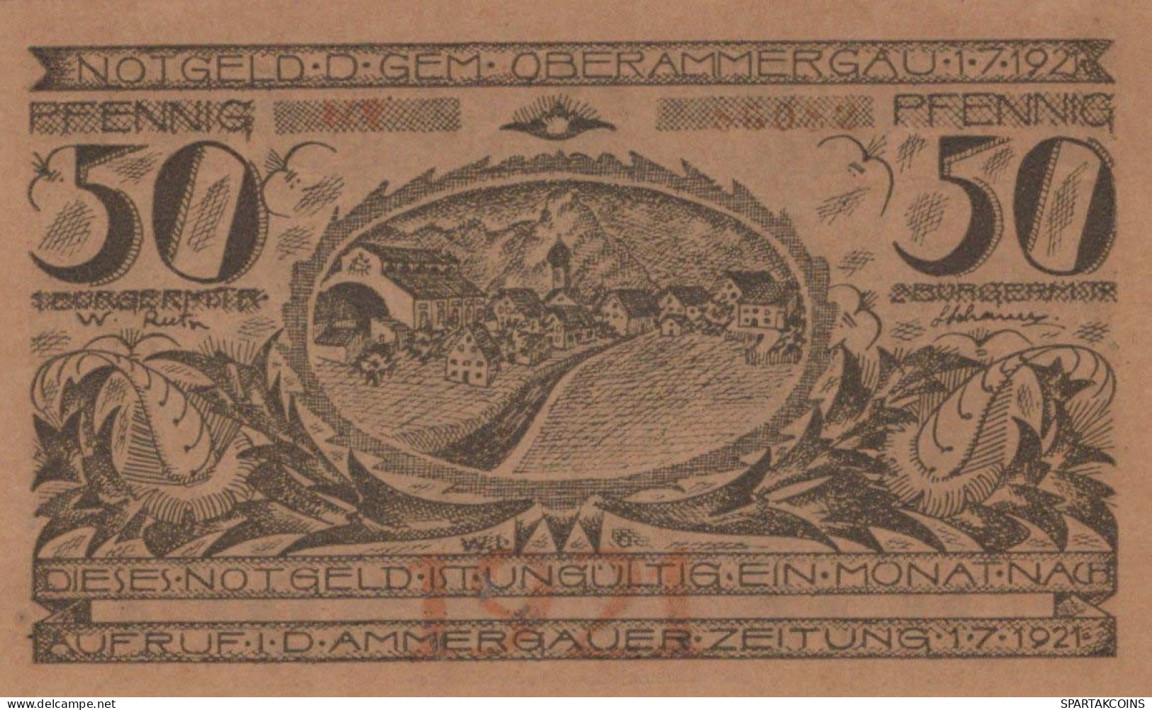 50 PFENNIG 1921 Stadt OBERAMMERGAU Bavaria UNC DEUTSCHLAND Notgeld #PH270 - [11] Local Banknote Issues