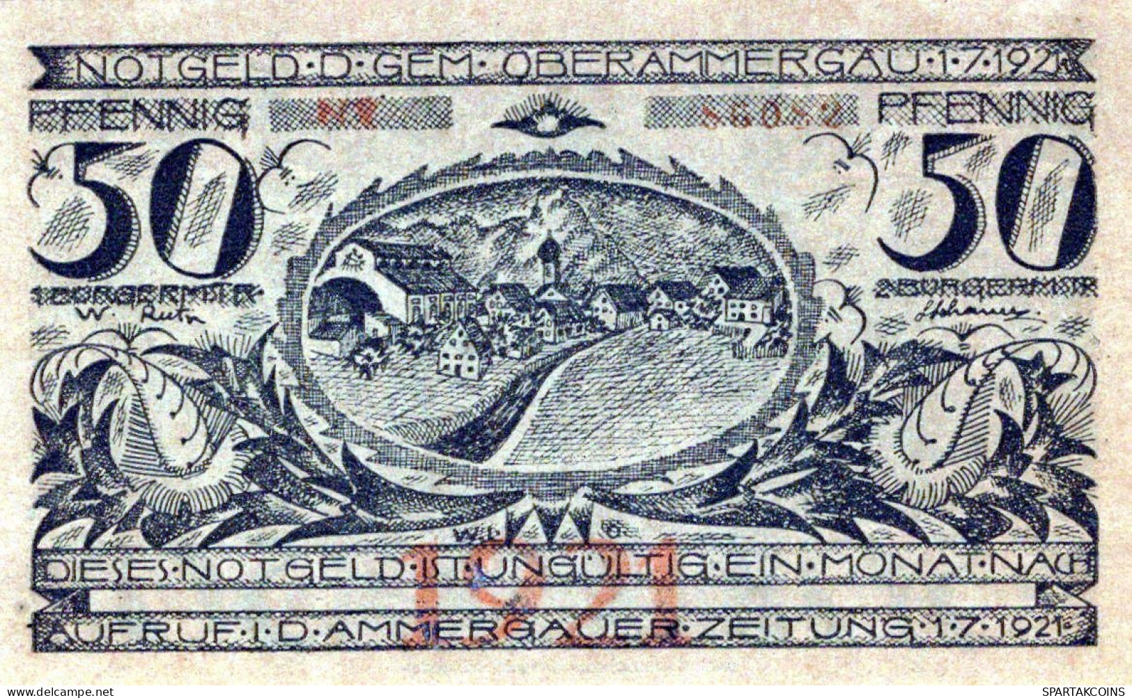 50 PFENNIG 1921 Stadt OBERAMMERGAU Bavaria UNC DEUTSCHLAND Notgeld #PH270 - [11] Local Banknote Issues