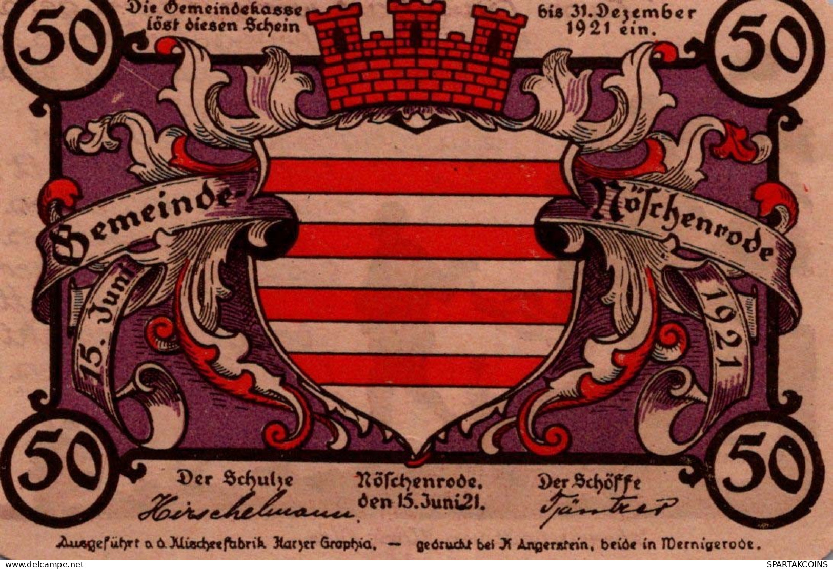 50 PFENNIG 1921 Stadt NoSCHENRODE Saxony UNC DEUTSCHLAND Notgeld Banknote #PH595 - [11] Local Banknote Issues
