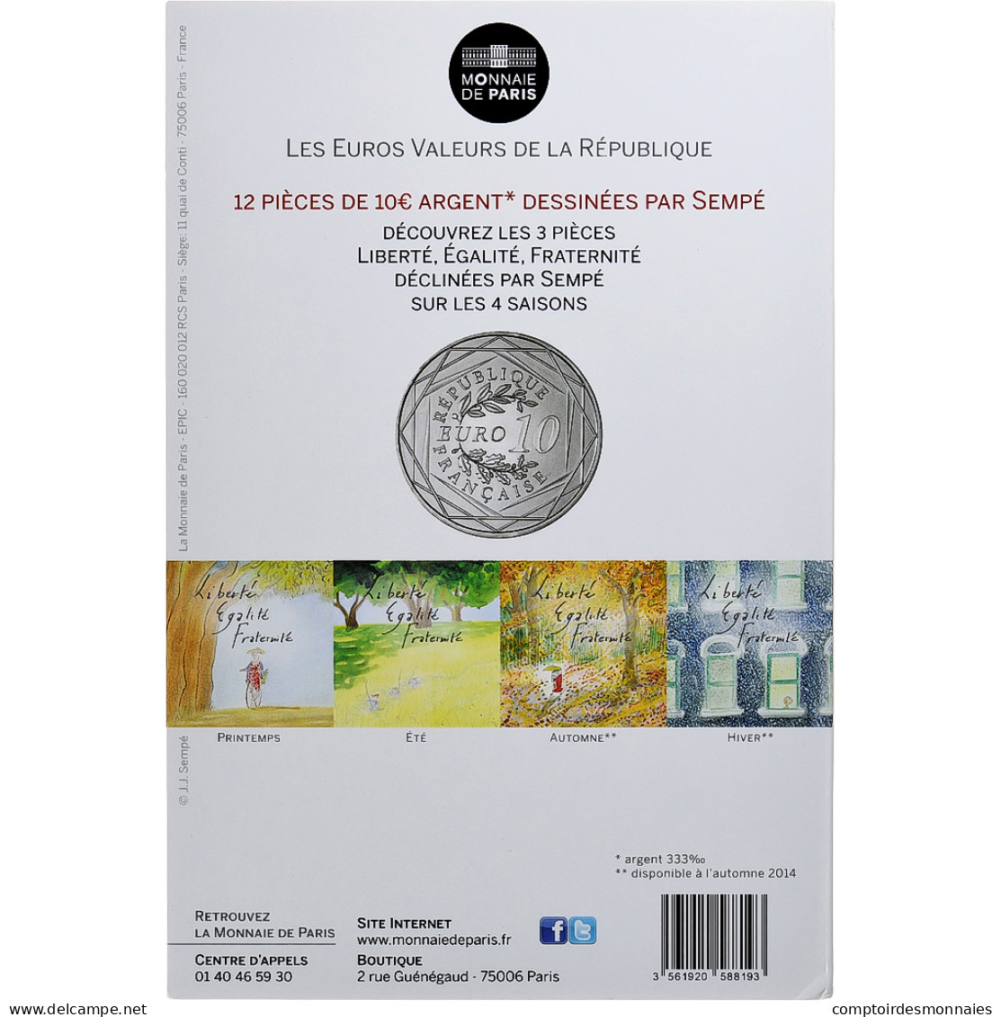 France, 10 Euro, Sempé - Printemps - Égalité, 2014, MDP, Argent, SPL - Francia