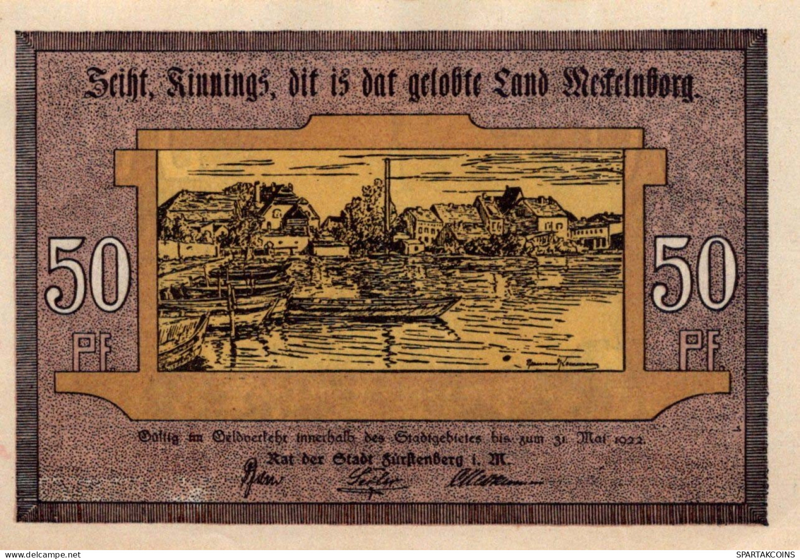 50 PFENNIG 1922 Stadt FÜRSTENBERG IN MECKLENBURG UNC DEUTSCHLAND #PH168 - [11] Local Banknote Issues