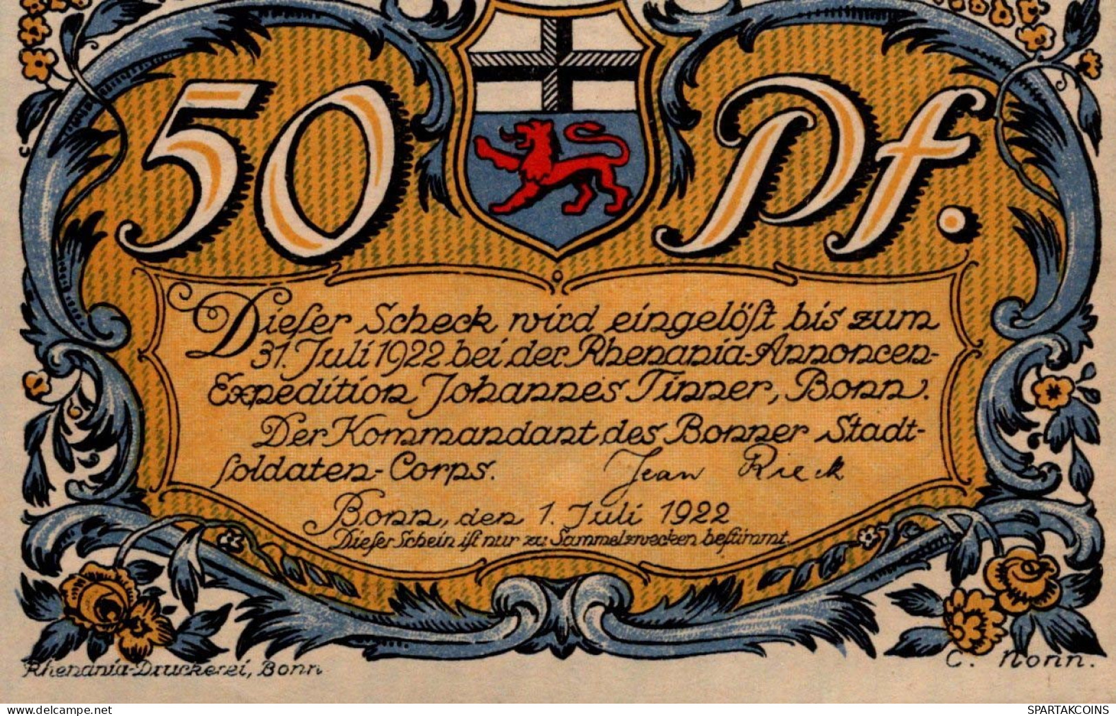 50 PFENNIG 1922 Stadt BONN Rhine DEUTSCHLAND Notgeld Papiergeld Banknote #PG412 - [11] Emissions Locales