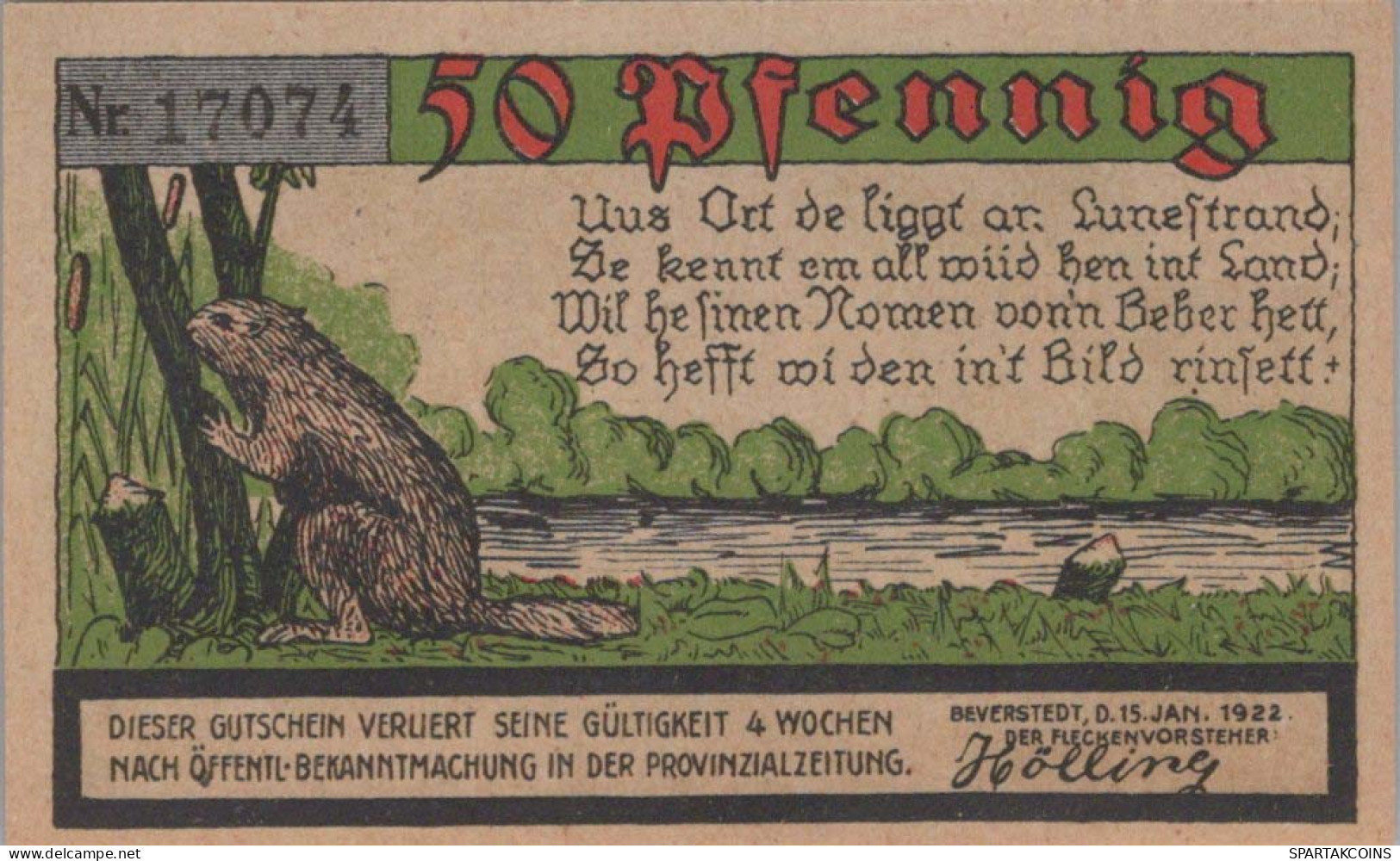 50 PFENNIG 1922 Stadt BEVERSTEDT Hanover DEUTSCHLAND Notgeld Banknote #PF444 - [11] Emissions Locales