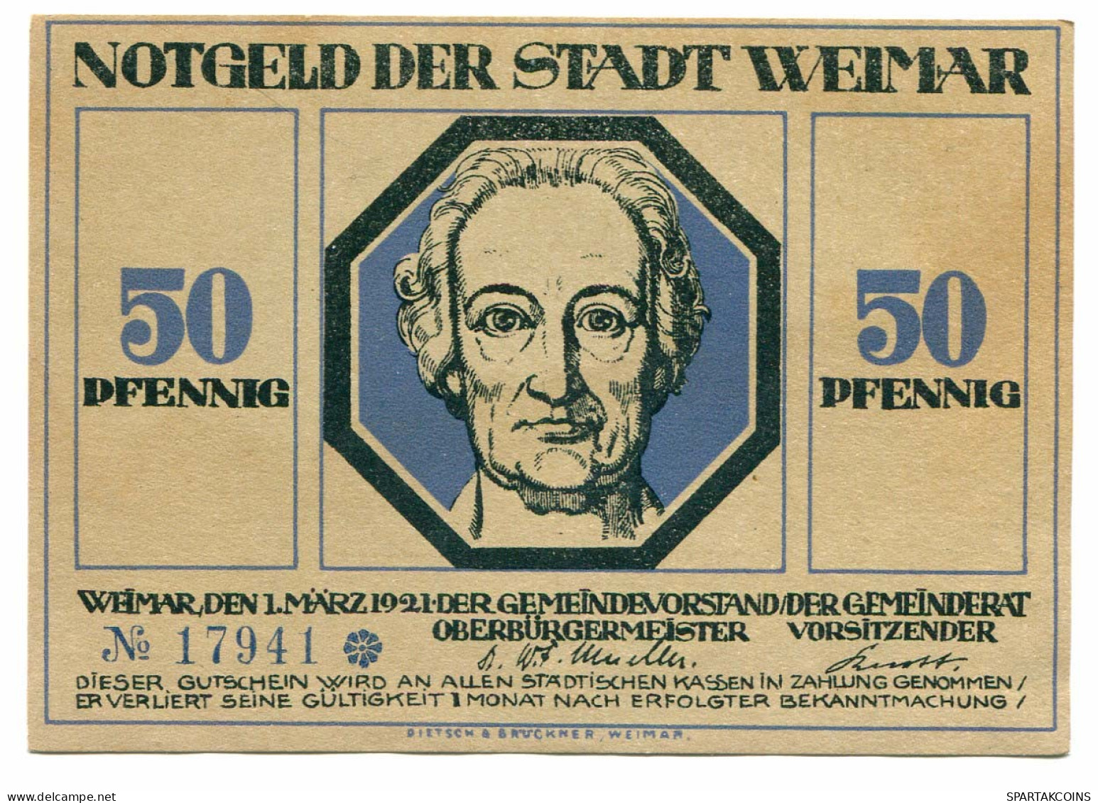 50 Pfennig 1921 STADT WEIMAR DEUTSCHLAND UNC Notgeld Papiergeld Banknote #P10587 - [11] Emisiones Locales