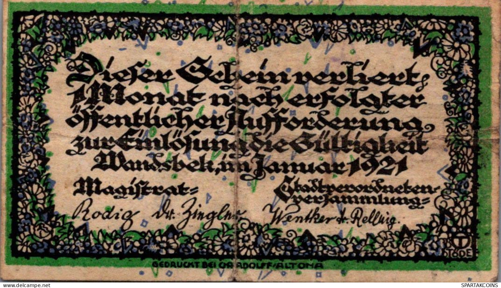 50 PFENNIG 1921 Stadt WANDSBEK Schleswig-Holstein DEUTSCHLAND Notgeld #PI200 - [11] Local Banknote Issues