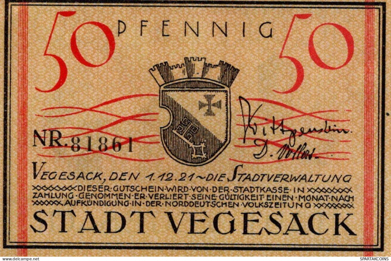 50 PFENNIG 1921 Stadt VEGESACK Bremen UNC DEUTSCHLAND Notgeld Banknote #PJ029 - [11] Local Banknote Issues