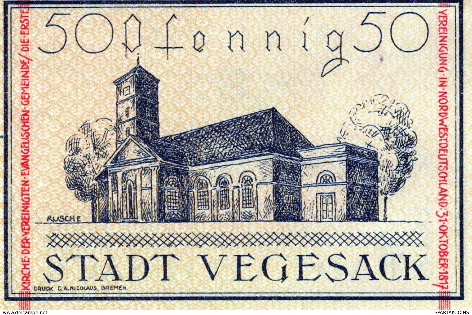50 PFENNIG 1921 Stadt VEGESACK Bremen UNC DEUTSCHLAND Notgeld Banknote #PJ029 - [11] Emissions Locales