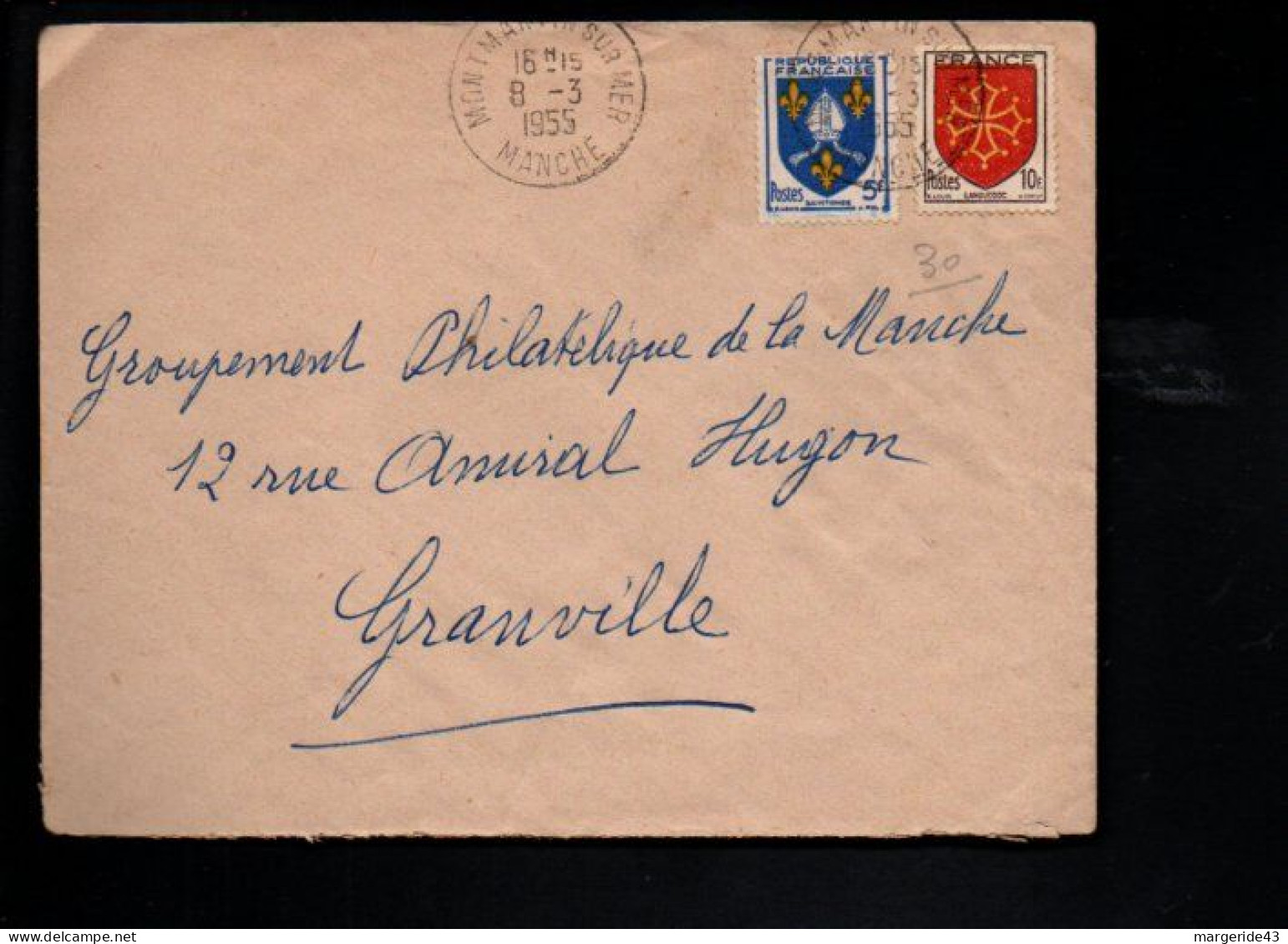 BLASONS AFFRANCHISSEMENT COMPOSE SUR LETTRE DE MONTMARTIN SUR MER MANCHE 1955 - Posttarife