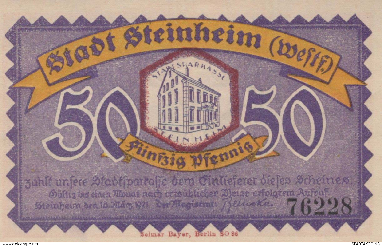 50 PFENNIG 1921 Stadt STEINHEIM IN WESTFALEN Westphalia UNC DEUTSCHLAND #PH964 - Lokale Ausgaben