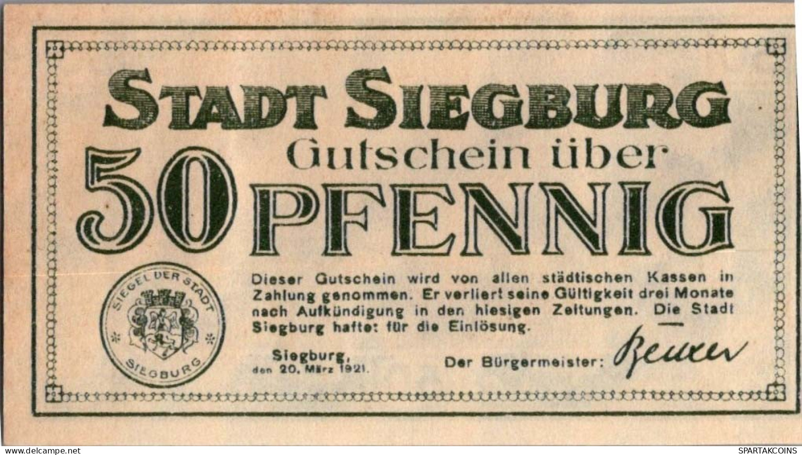 50 PFENNIG 1921 Stadt SIEGBURG Rhine UNC DEUTSCHLAND Notgeld Banknote #PI139 - [11] Local Banknote Issues