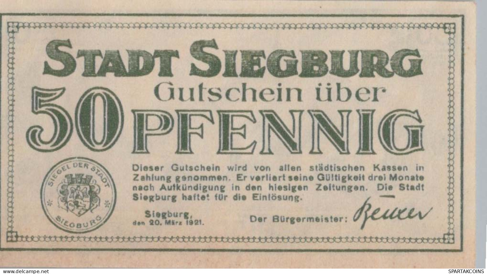 50 PFENNIG 1921 Stadt SIEGBURG Rhine DEUTSCHLAND Notgeld Banknote #PG046 - [11] Local Banknote Issues
