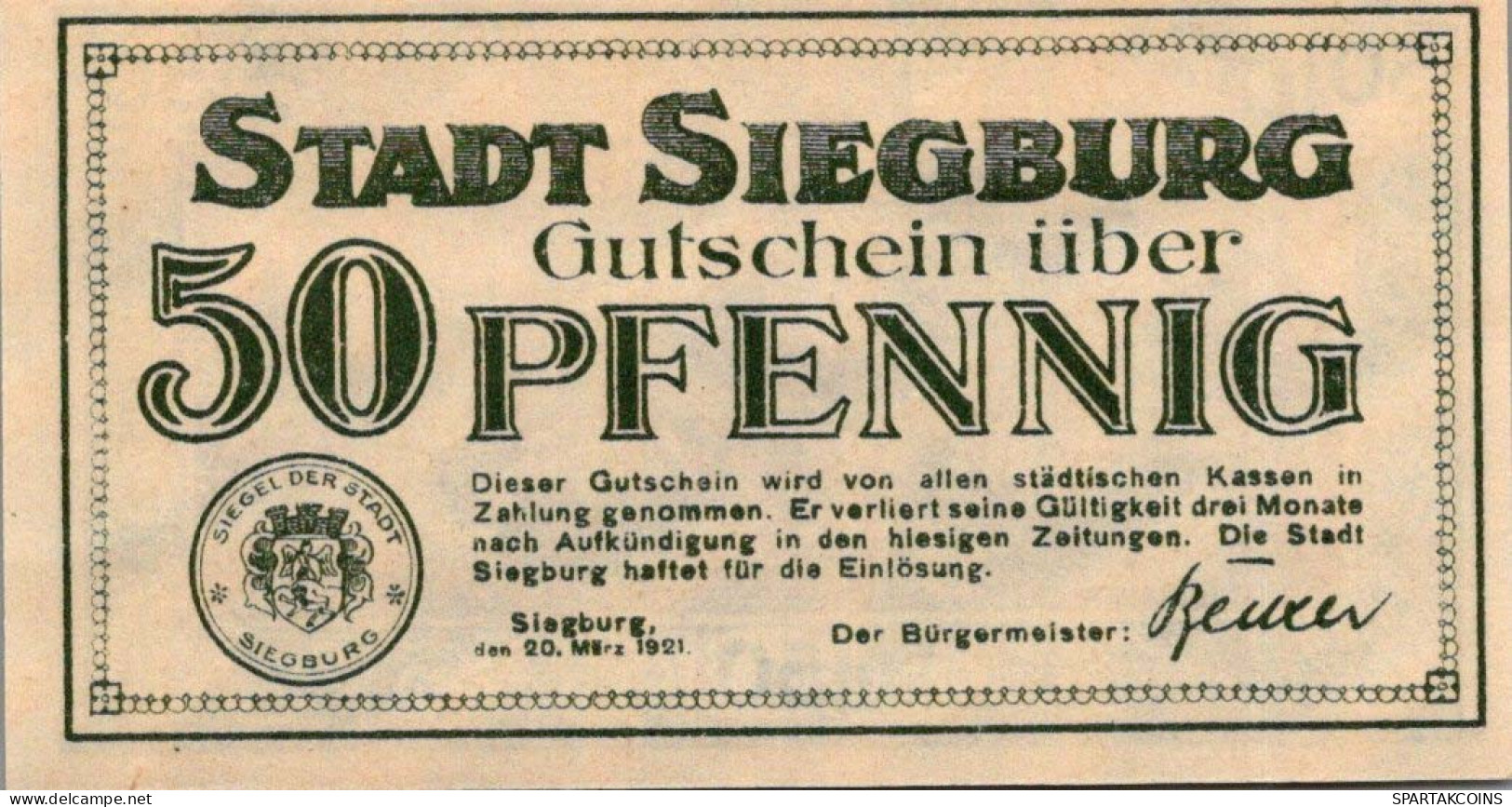 50 PFENNIG 1921 Stadt SIEGBURG Rhine UNC DEUTSCHLAND Notgeld Banknote #PI963 - [11] Local Banknote Issues