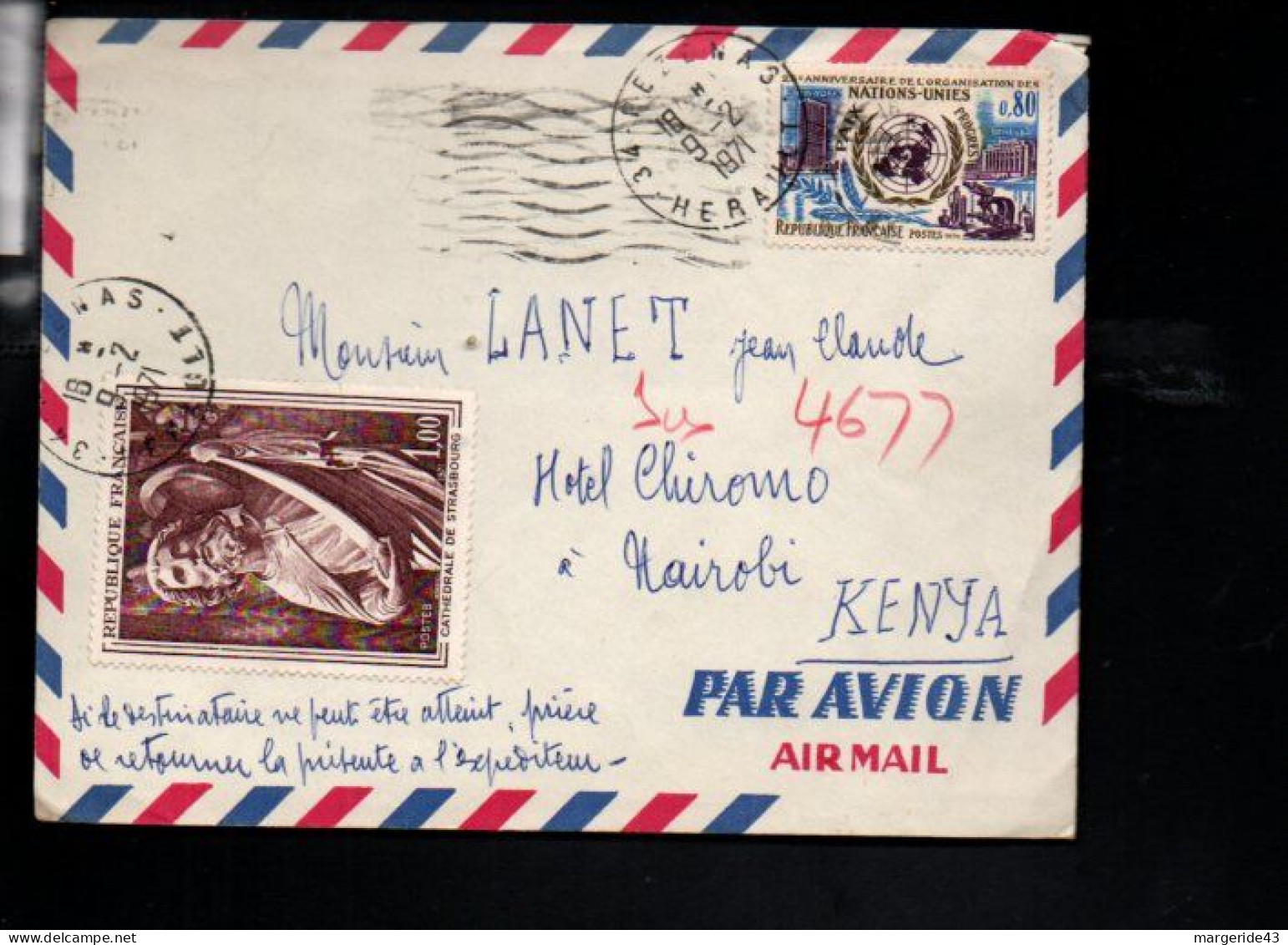 AFFRANCHISSEMENT COMPOSE SUR LETTRE AVION POUR LE KENYA 1971 - Postal Rates