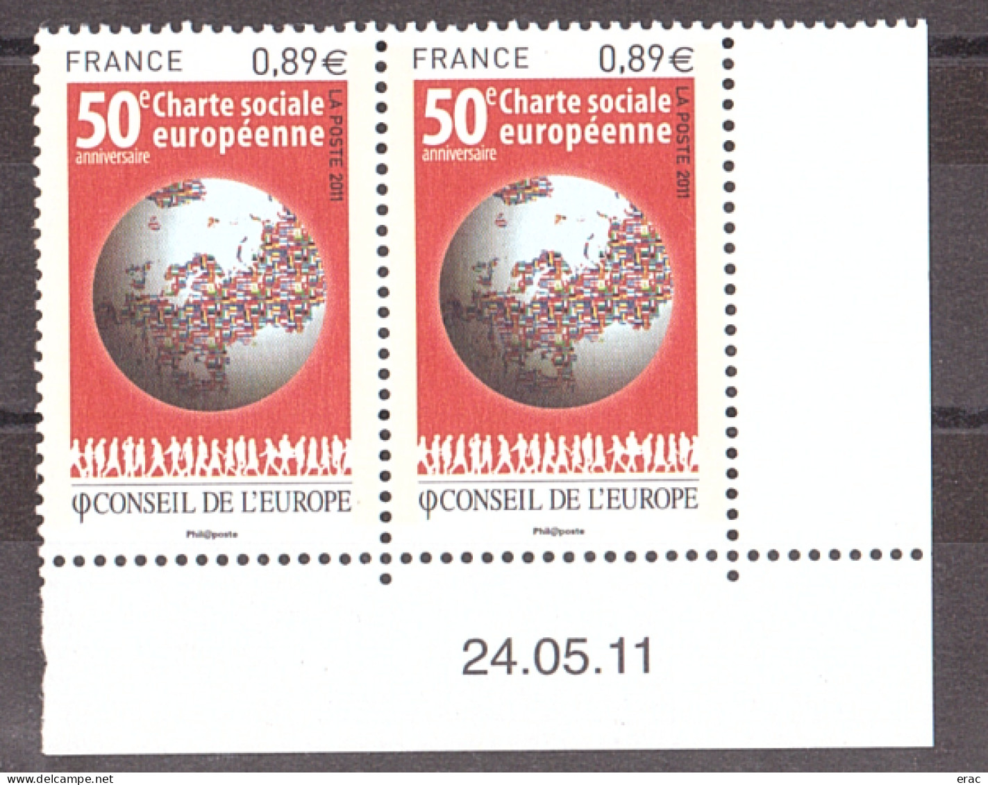 France - Paire Coin De Feuille Daté 24.05.11 Du Timbre De Service N° 150 - Neuf ** - Charte Sociale Européenne - Servizio