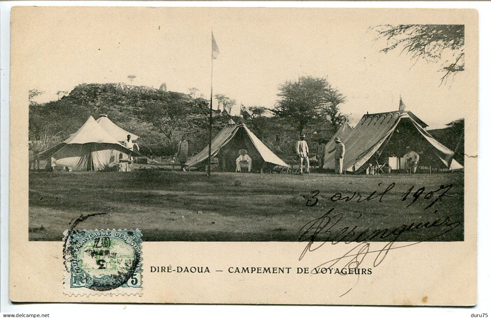 ETHIOPIE Pionnière Dos Simple Voyagé 1907 * DIRÉ DAOUA Campement De Voyageurs ( Tentes Drapeau ) - Ethiopie