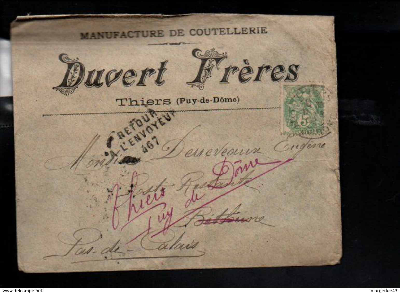 BLANC SUR LETTRE A EN TETE DE THIERS 1902   DOS INTERESSANT - 1877-1920: Semi Modern Period