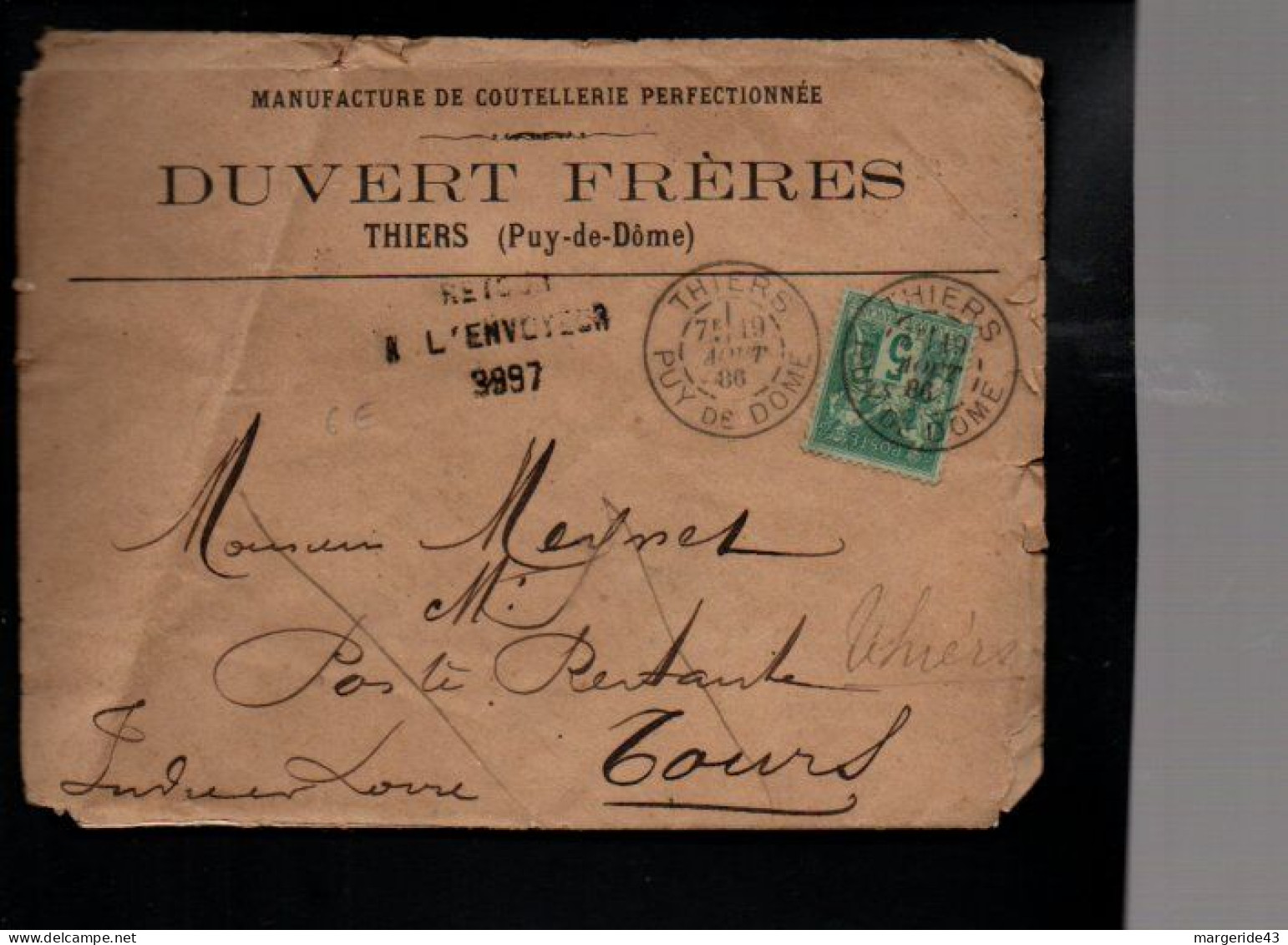 SAGE SUR LETTRE A EN TETE DE THIERS 1886 DOS INTERESSANT - 1877-1920: Semi Modern Period