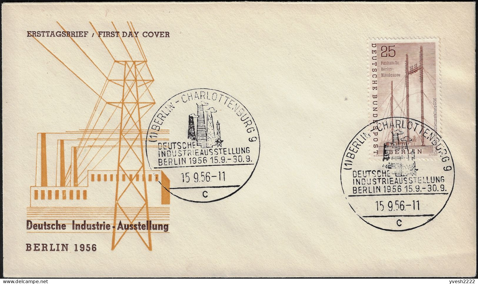 Berlin 1956 Y&T 138 Michel 157. FDC. Exposition D'Industrie. Mâts D'antenne De La Station De Radio Berlin-Nikolassee - Télécom