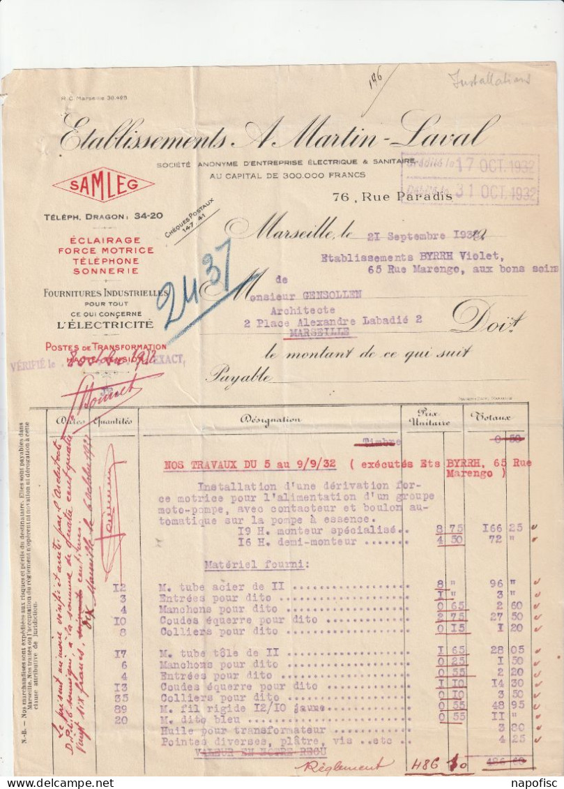 13-A.Martin-Laval....Eclairage, Force Motrice, Téléphone, Sonnerie...Marseille...(Bouches-du-Rhône)...1932 - Sonstige & Ohne Zuordnung
