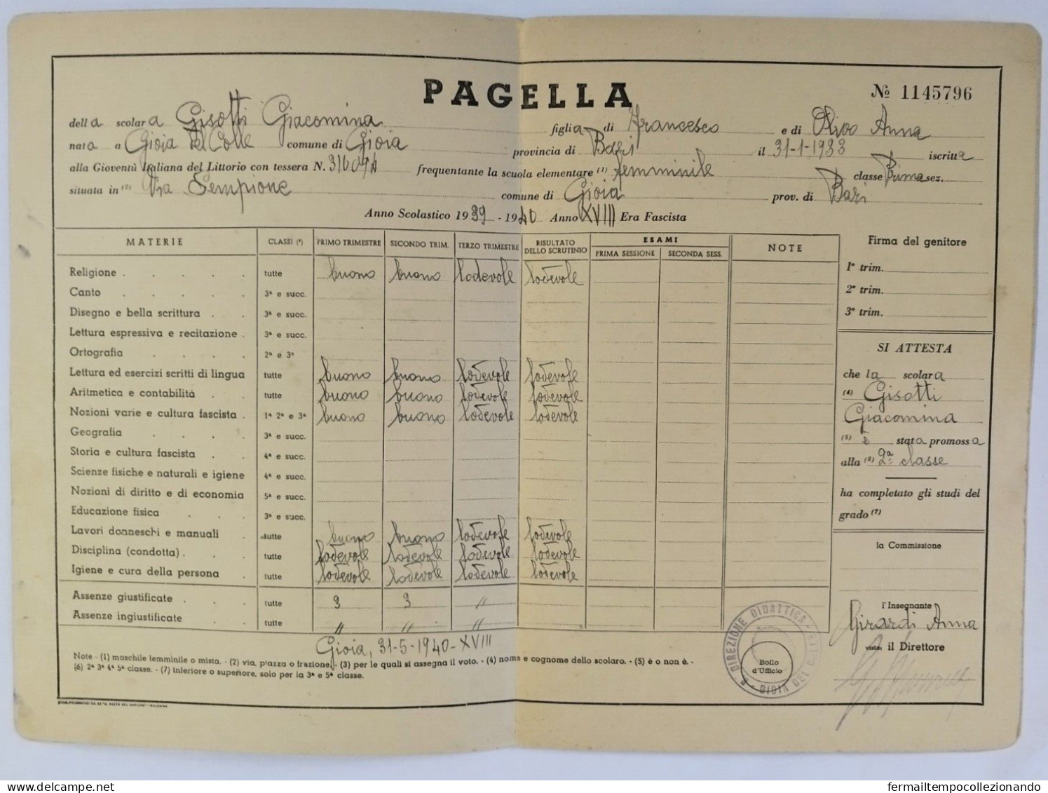 Bp144 Pagella Fascista Regno D'italia P.n.f. Littorio Gioia Del Colle Bari 1939 - Diplomi E Pagelle