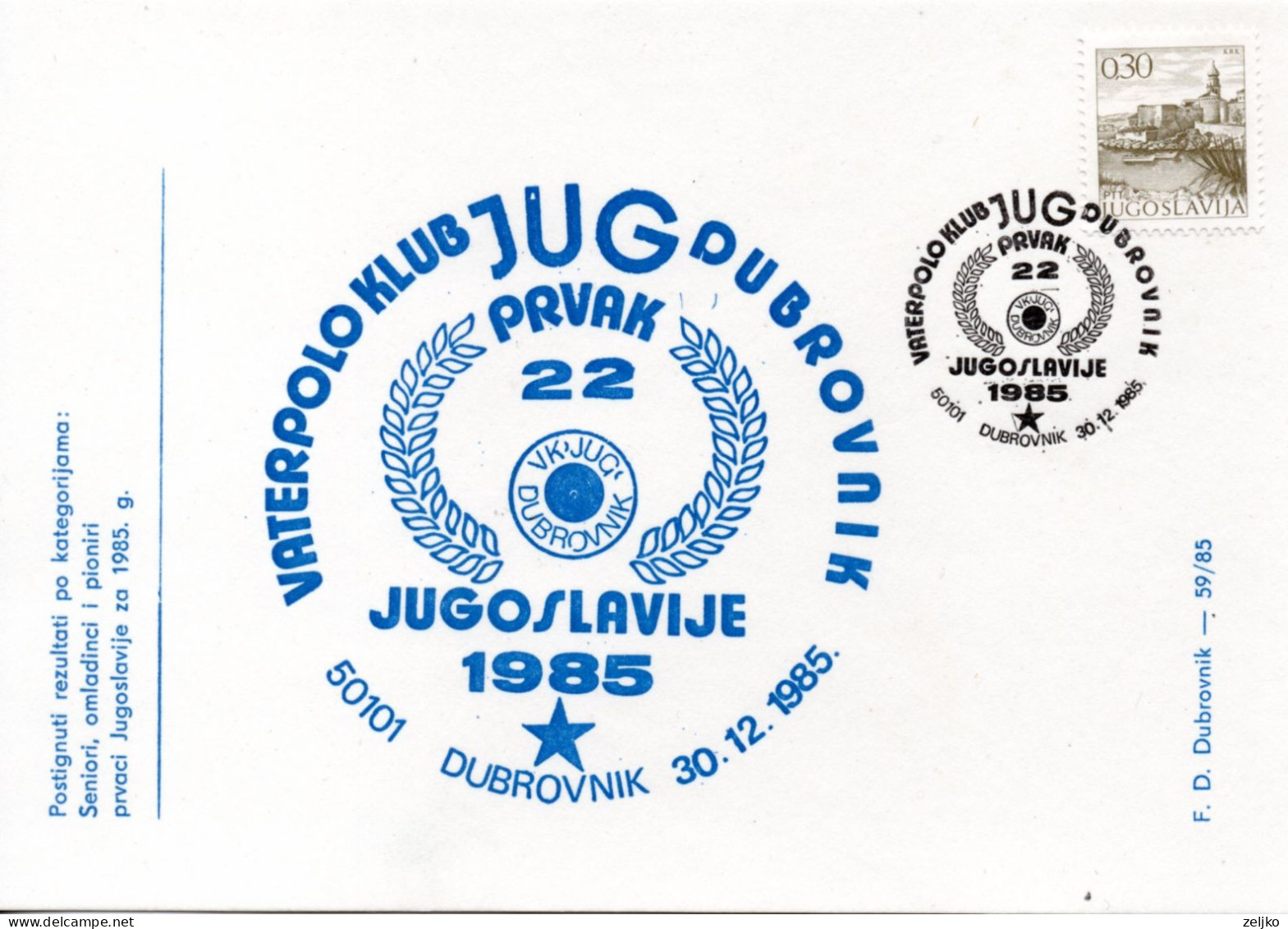 Yugoslavia, Water Polo, Jug Dubrovnik - Yugoslav Champions 1985 - Water Polo