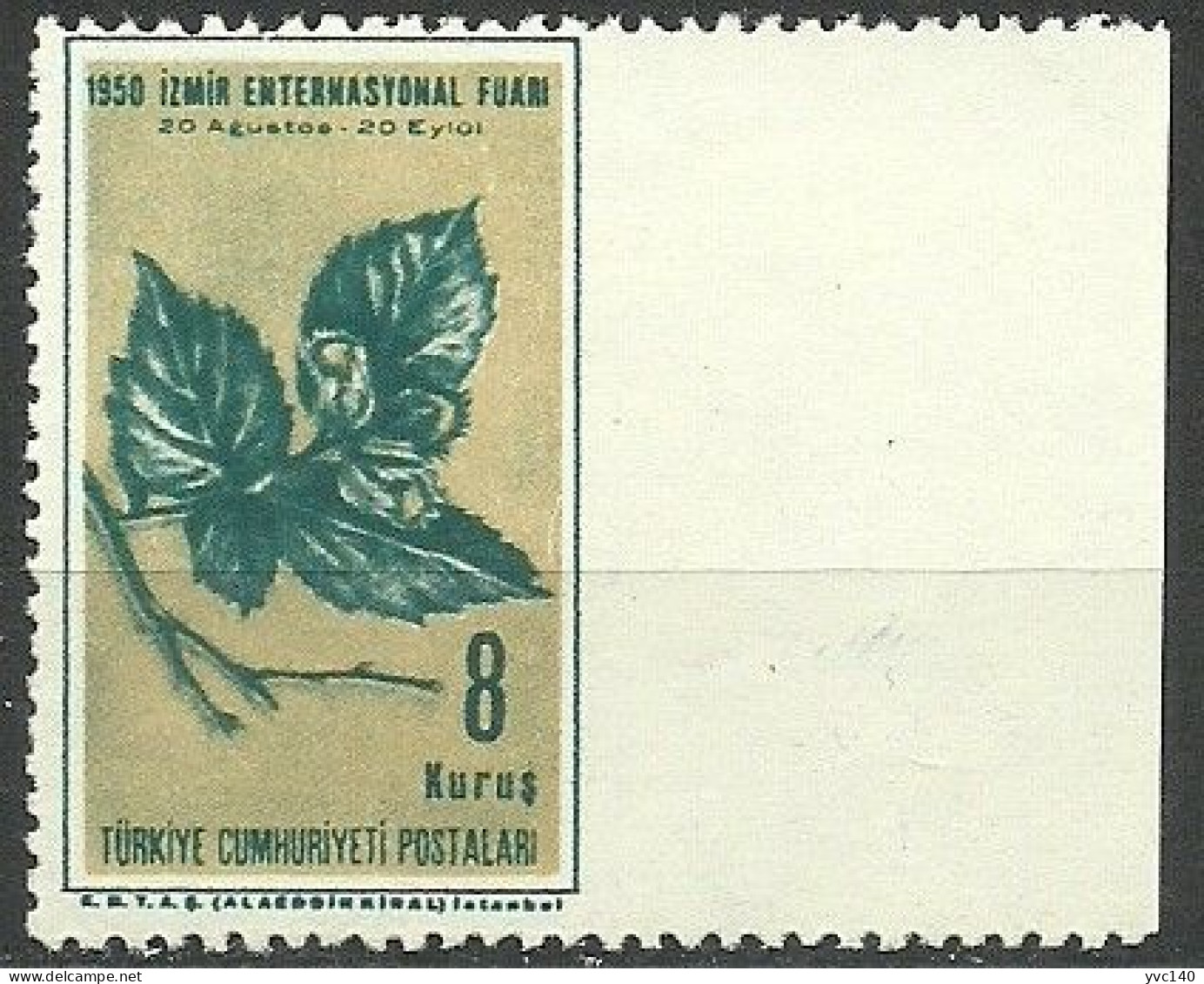Turkey; 1950 Izmir International Fair 8 K. ERROR "Imperf. Edge" - Unused Stamps