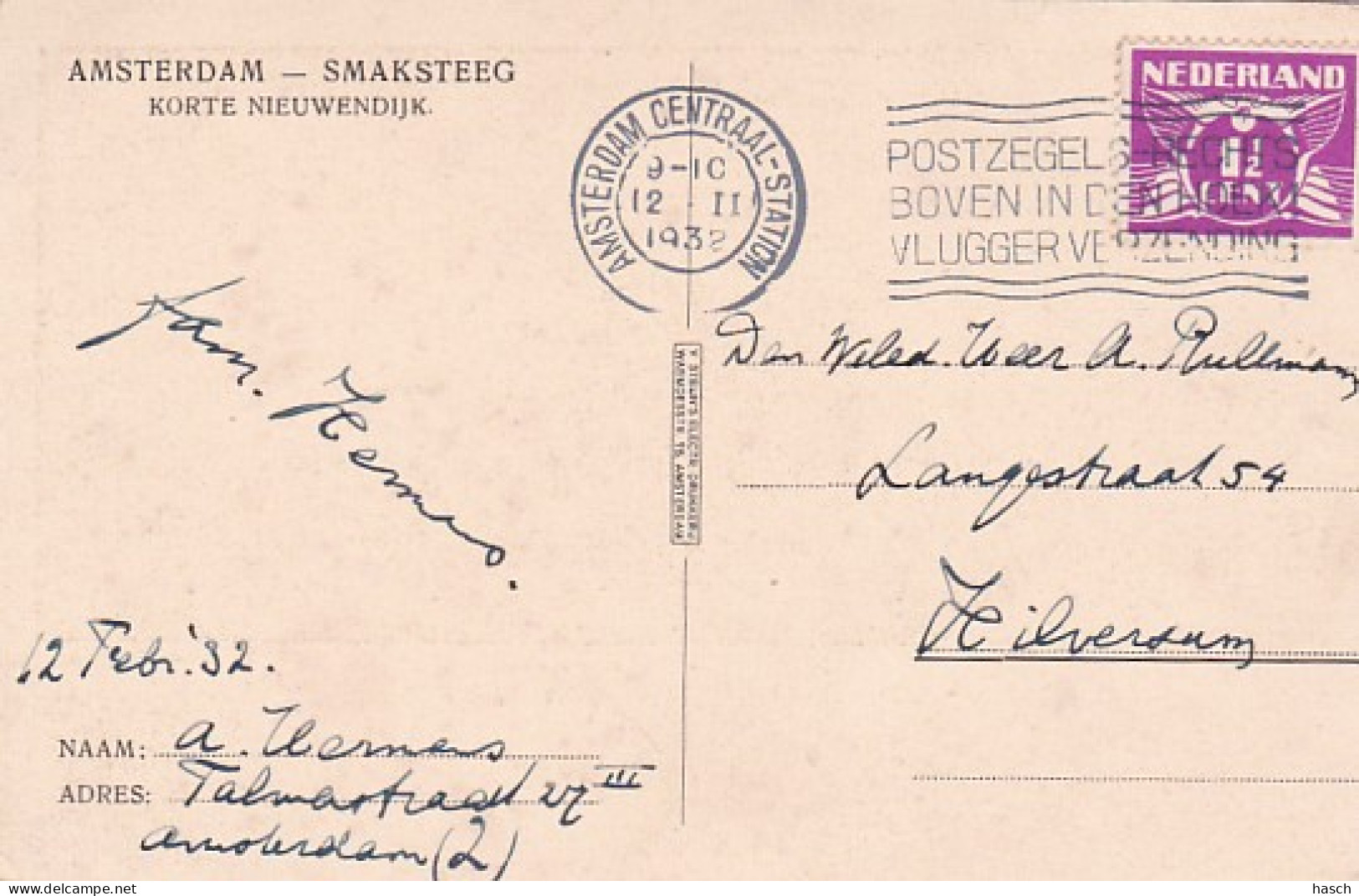481911Amsterdam, Smaksteeg Korte Nieuwendijk. (poststempel 1932)(minuscule Vouwen In De Hoeken) - Amsterdam