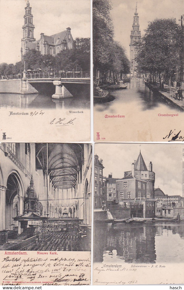 4819169Amsterdam, Nieuwe Kerk 1905. – Schreierstoren. – Westerkerk 1904. – Groenburgwal. (4 Kaarten) - Amsterdam