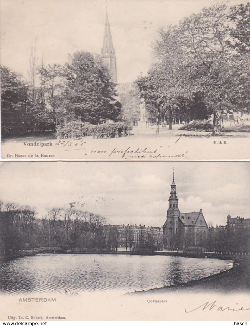 4819172Amsterdam, Blauwe Brug 1905. – Oude Schans 1905. – Oosterpark. – Vondelpark 1905. (4 Kaarten Zie Hoeken) - Amsterdam