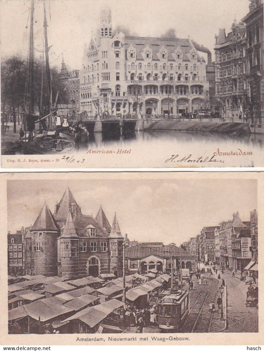 4819174Amsterdam, Nieuwmarkt. – American Hotel 1903. – Postkantoor 1905. – Montalbaanstoren 1905. (4 Kaarten) - Amsterdam