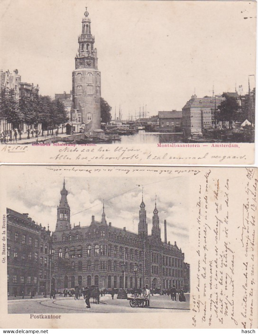 4819174Amsterdam, Nieuwmarkt. – American Hotel 1903. – Postkantoor 1905. – Montalbaanstoren 1905. (4 Kaarten) - Amsterdam