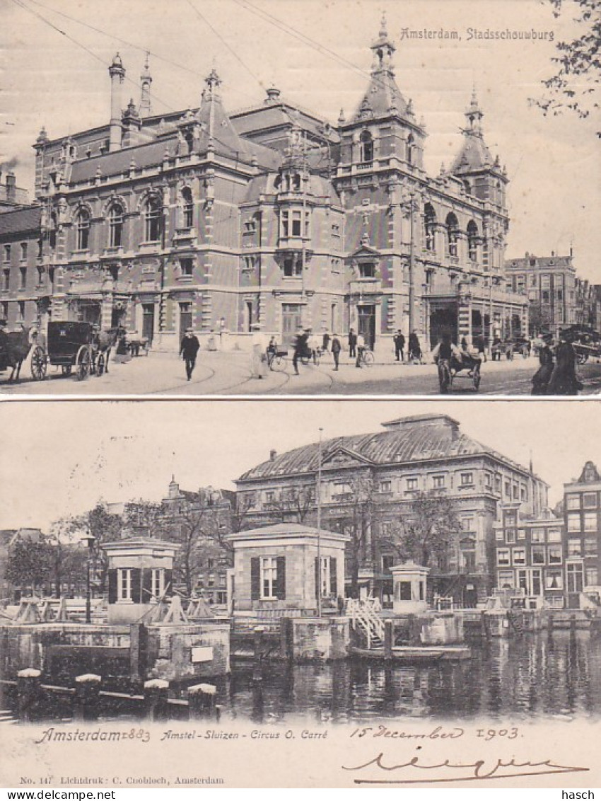 4819170Amsterdam, Het Oude Rokin. – Oude Schans 1903. – Carré 1903. Stadsschouwburg 1912. (4 Kaarten) - Amsterdam