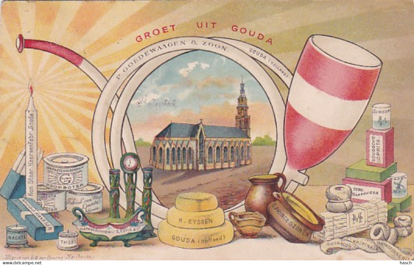 4820103Groet Uit Gouda, Diverse Reclame. (poststempel 1906)(minuscule Vouwen In De Hoeken) - Gouda