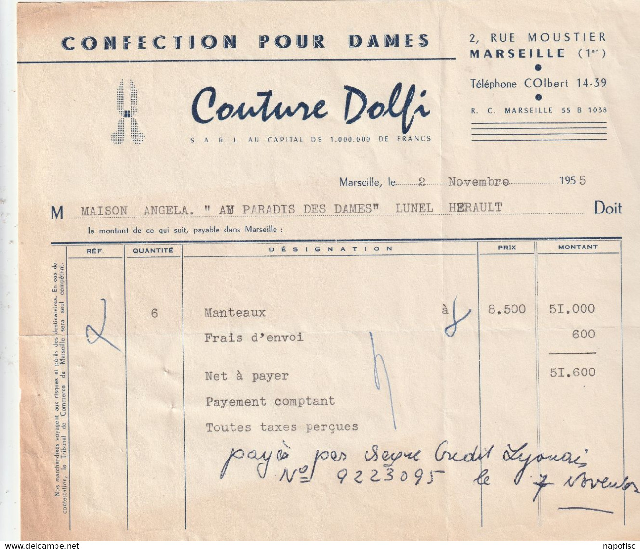 13-Couture Dolfi..Confection Pour Dames.Marseille...(Bouches-du-Rhône)...1955 - Vestiario & Tessile