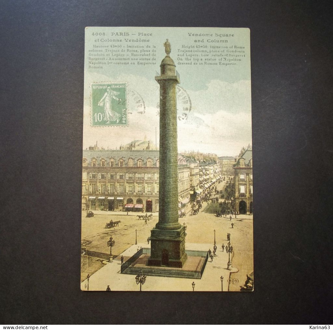 France - Paris - 75 - Place Et Colonne Vendôme Avec Timbre 1923 - Places, Squares