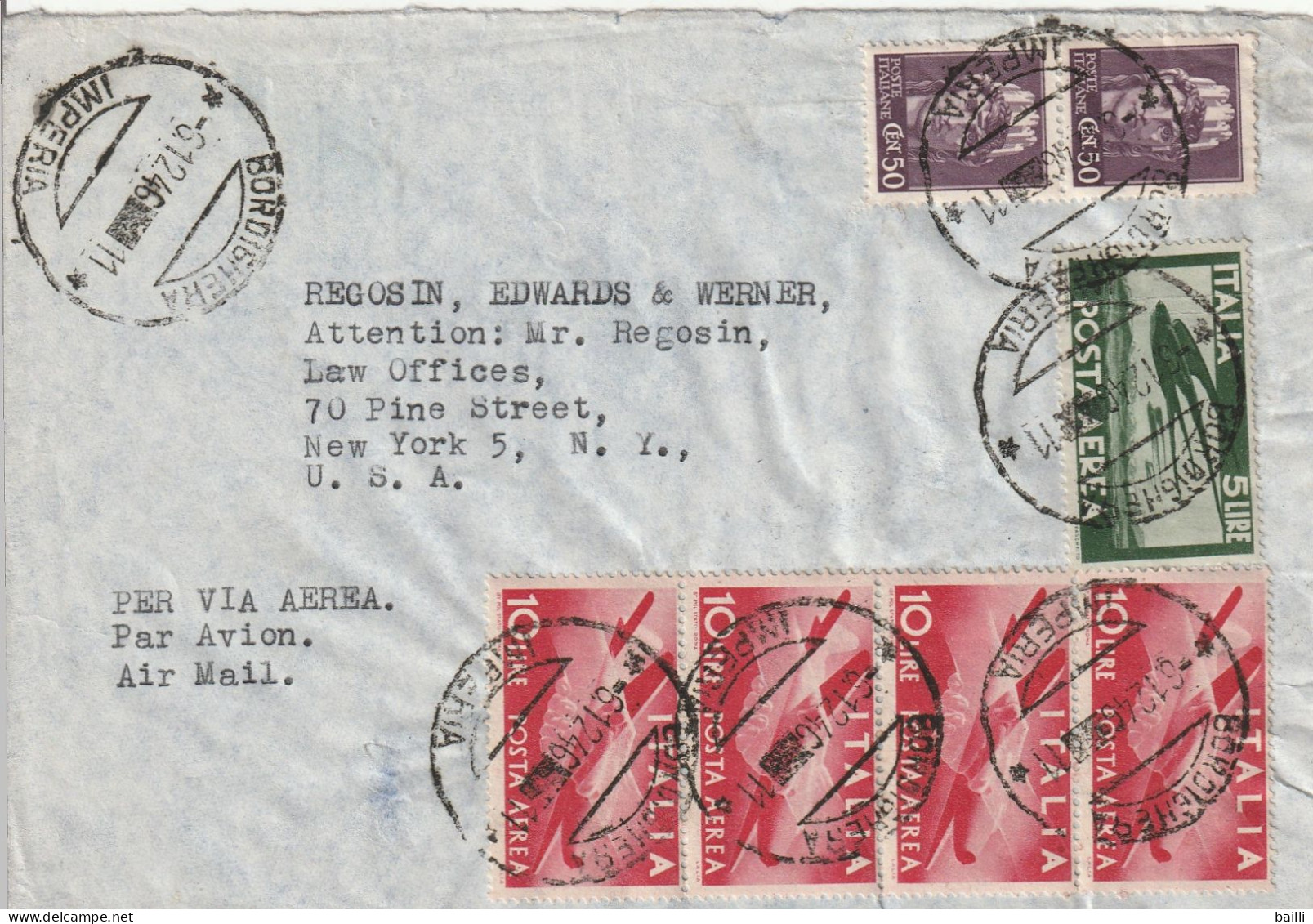 Italie Lettre Bordighera Pour Les Etats Unis 1946 - 1946-60: Poststempel