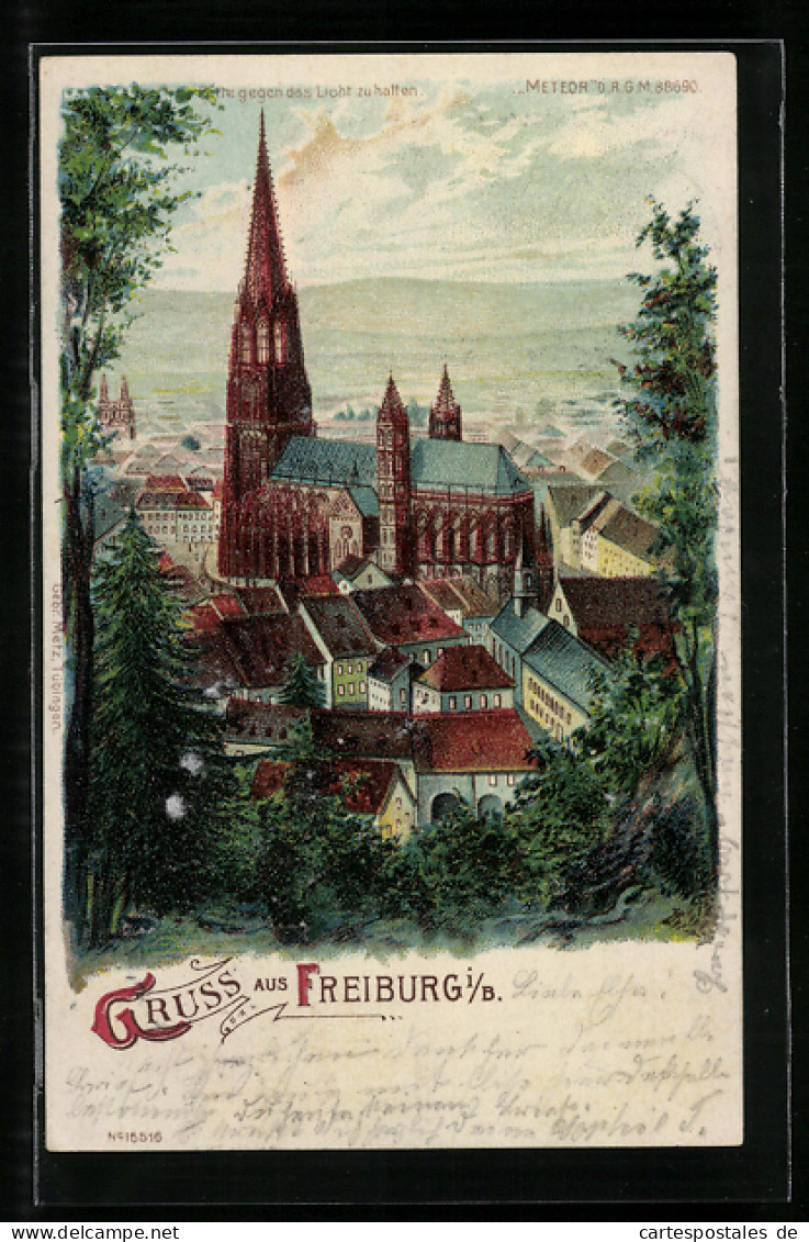 Lithographie Freiburg I. B., Blick Auf Das Münster, Halt Gegen Das Licht: Vollmond  - Freiburg I. Br.