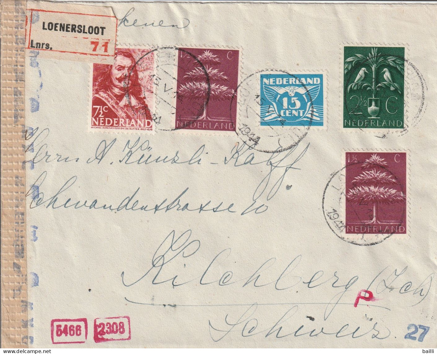 Pays Bas Lettre Recommandée Censurée Loenersloot Pour La Suisse 1944 - Storia Postale