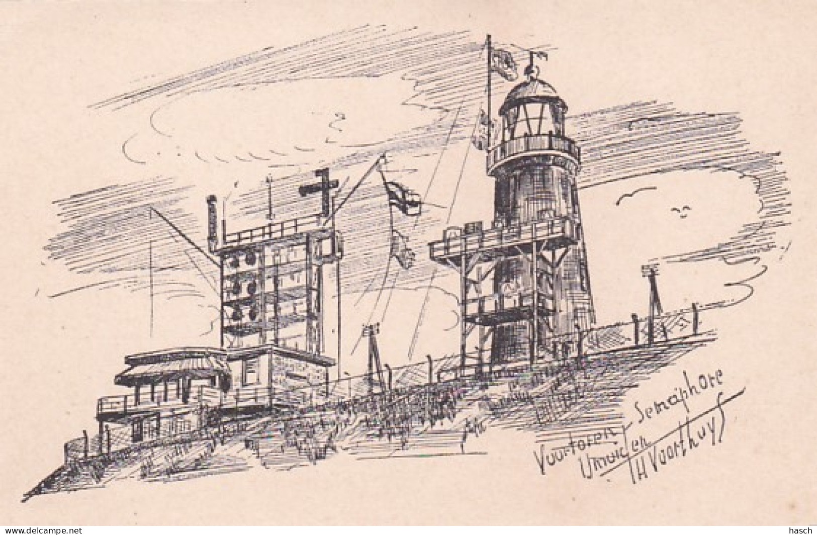 482126IJmuiden, Vuurtoren Semaphore. (Tekening Van Th. Voorthuys.) - IJmuiden