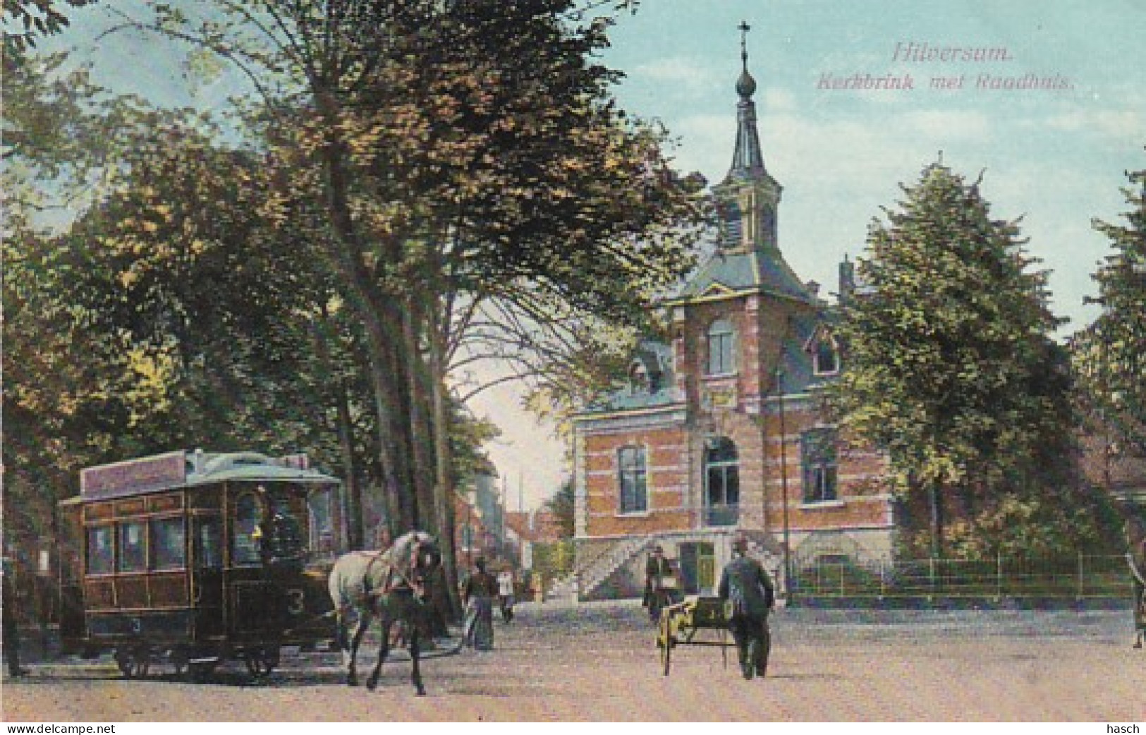 482134Hilversum, Kerkbrink Met Raadhuis Met Paardentram Lijn 3. (1913)(kleine Vouwen In De Hoeken) - Hilversum
