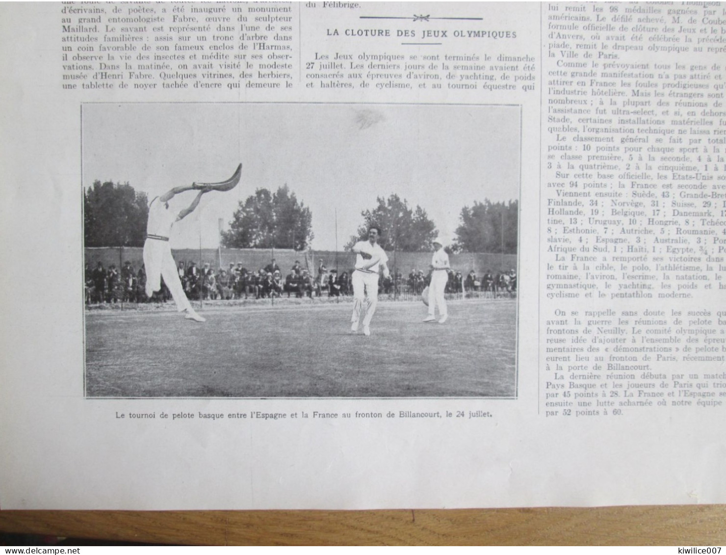 1924 La Cloture Des Jeux Olympiques Les Jo Paris   Pelote Basque Fronton De BILLANCOURT  Resultats - Sin Clasificación