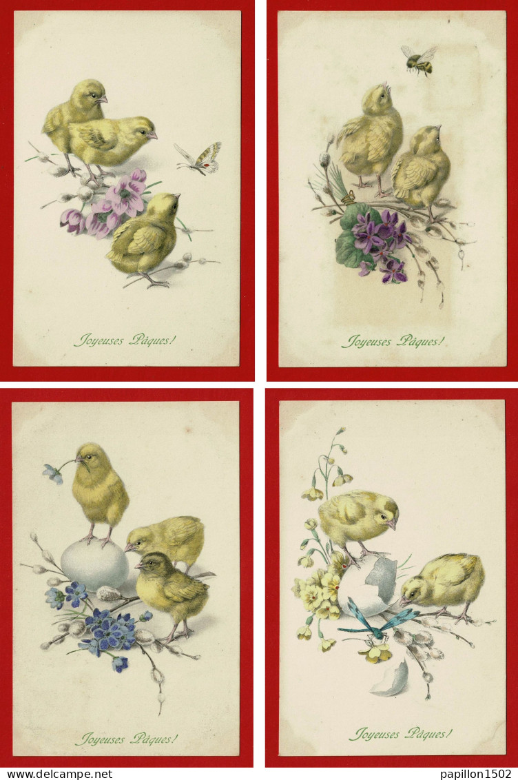 Paques-88Ph126 Série De 4 Cpa M.M. VIENNE, Des Petits Poussins Avec Branches De Fleurs, Papillon, Abeille, Libellule - Ostern