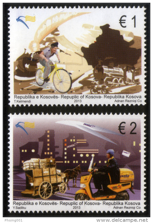 Kosovo 2013 Europa CEPT Postal Vehicles Motorcycle Bicycle Stagecoach Horses Locomotive, Set MNH - Kosovo