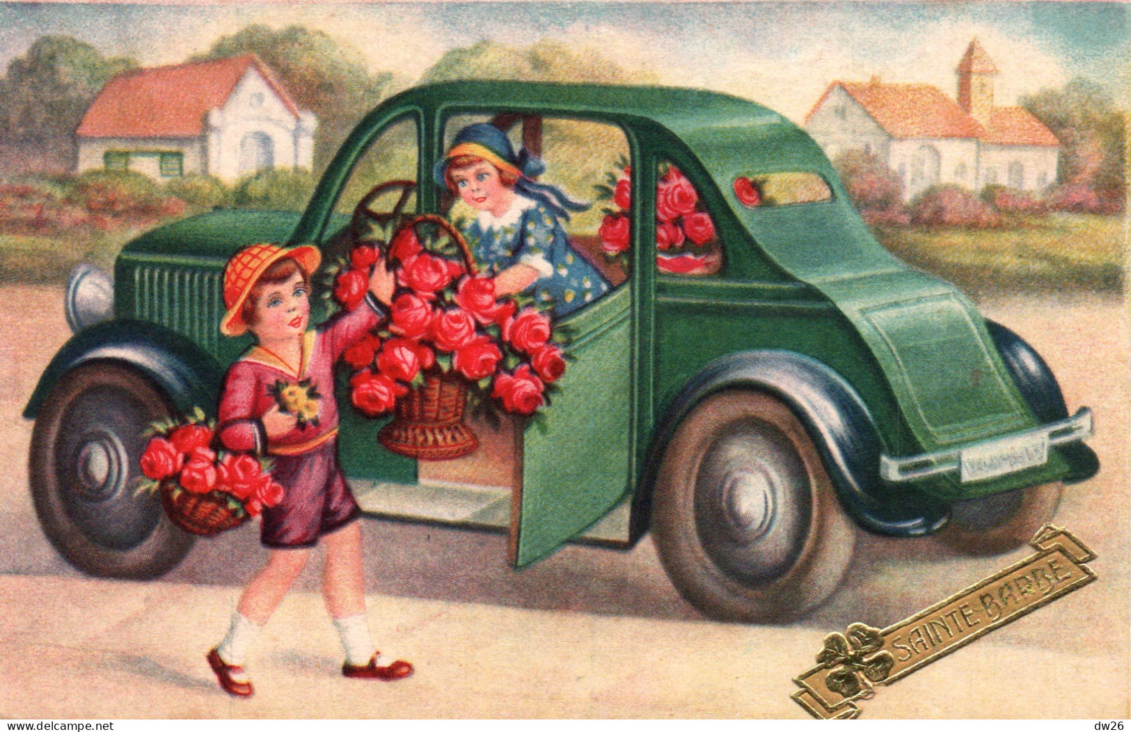 Fête De La Sainte Barbe - Illustration Non Signée - Enfants Avec Bouquet Et Automobile - Carte Rosat N° 1419 - Sonstige & Ohne Zuordnung