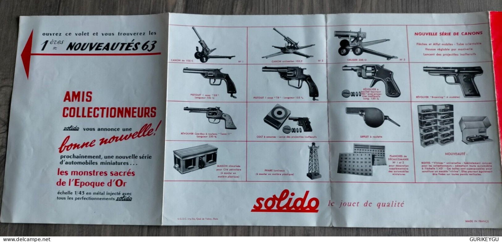 Catalogue Dépliant SOLIDO 1963 Révolvers Pistolet Canons Automobile Camion Véhicule Militaire Citroen AMI 6 FERRARI CAR - Other & Unclassified