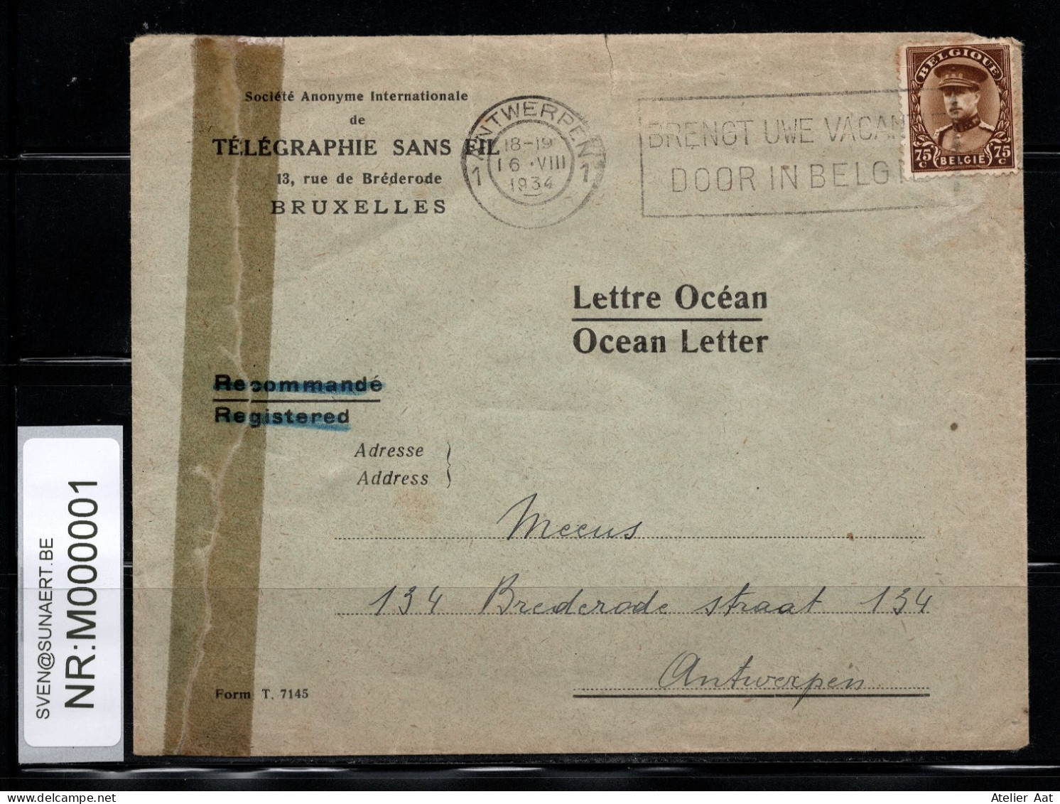 Brief: OBC: 341 - Lettre Ocean - Ocean Lettre - Telegraphie Sans Fil - 1931-1934 Képi